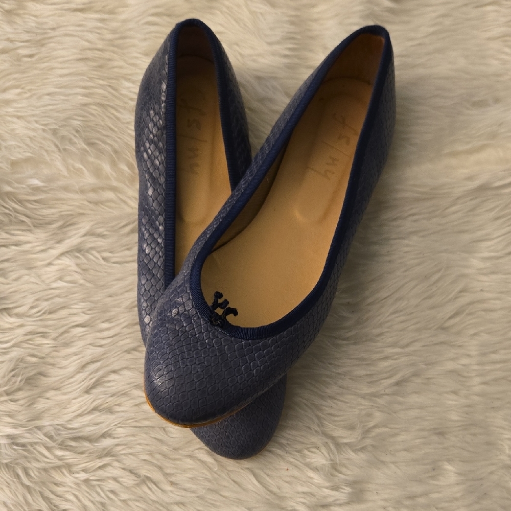 French Sole Navy Textured Snakeskin Ballet Flats
